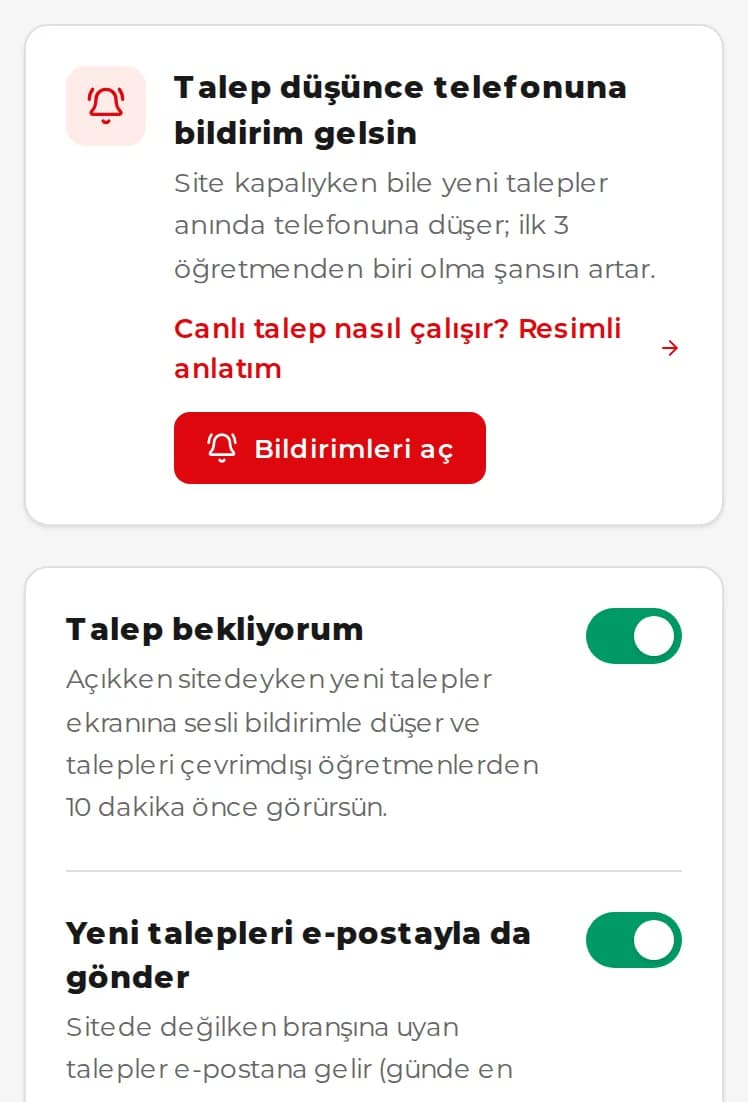 Öğretmen panelinde bildirim kartı ve Talep bekliyorum anahtarı